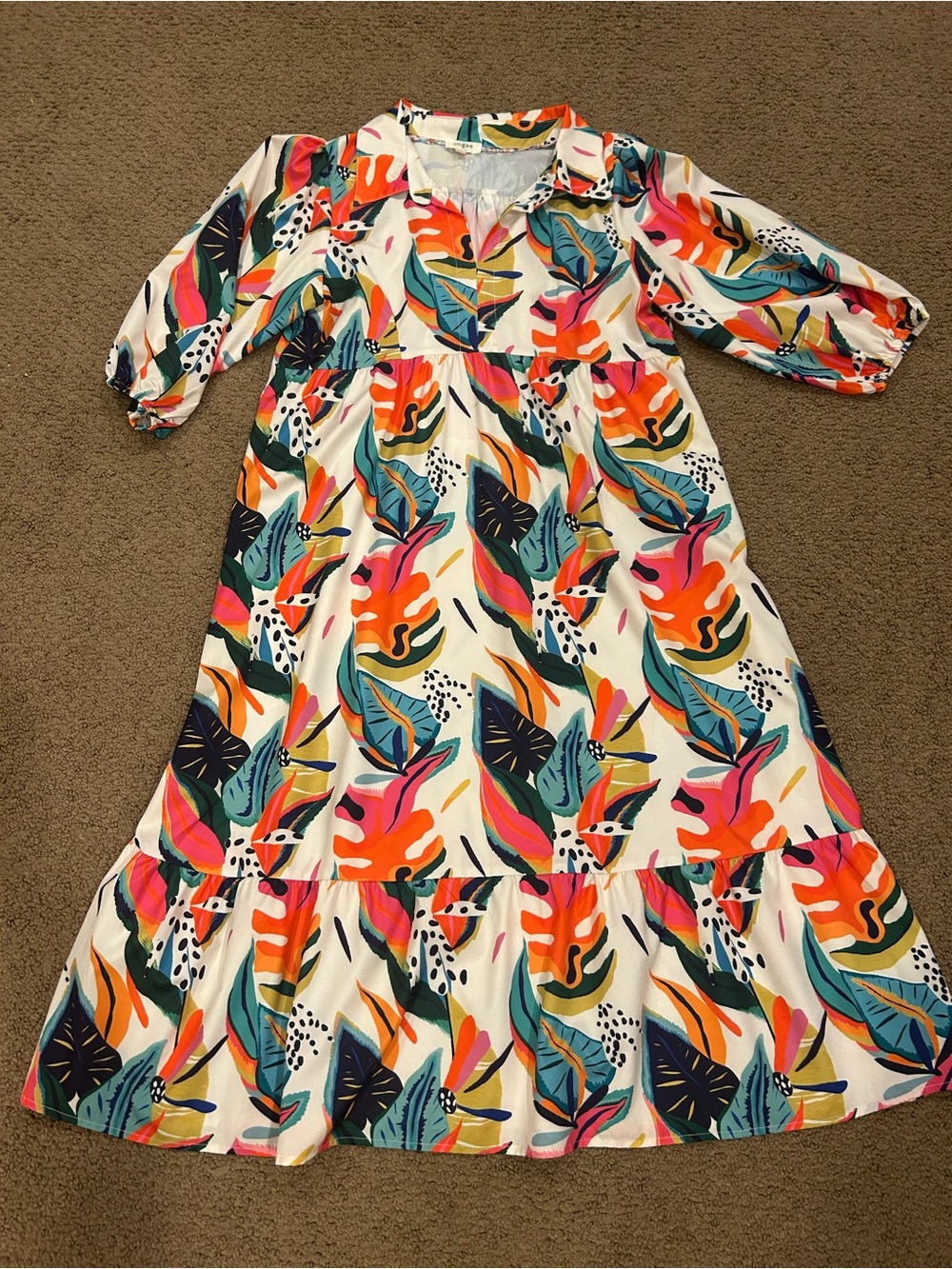 Umgee White Maxi Dress with Multicolor Tropical Print